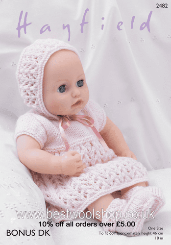 2482 PDF HAYFIELD BONUS DK BABY DOLLS DRESS BONNET BOOTEES PANTS KNITTING PATTERN