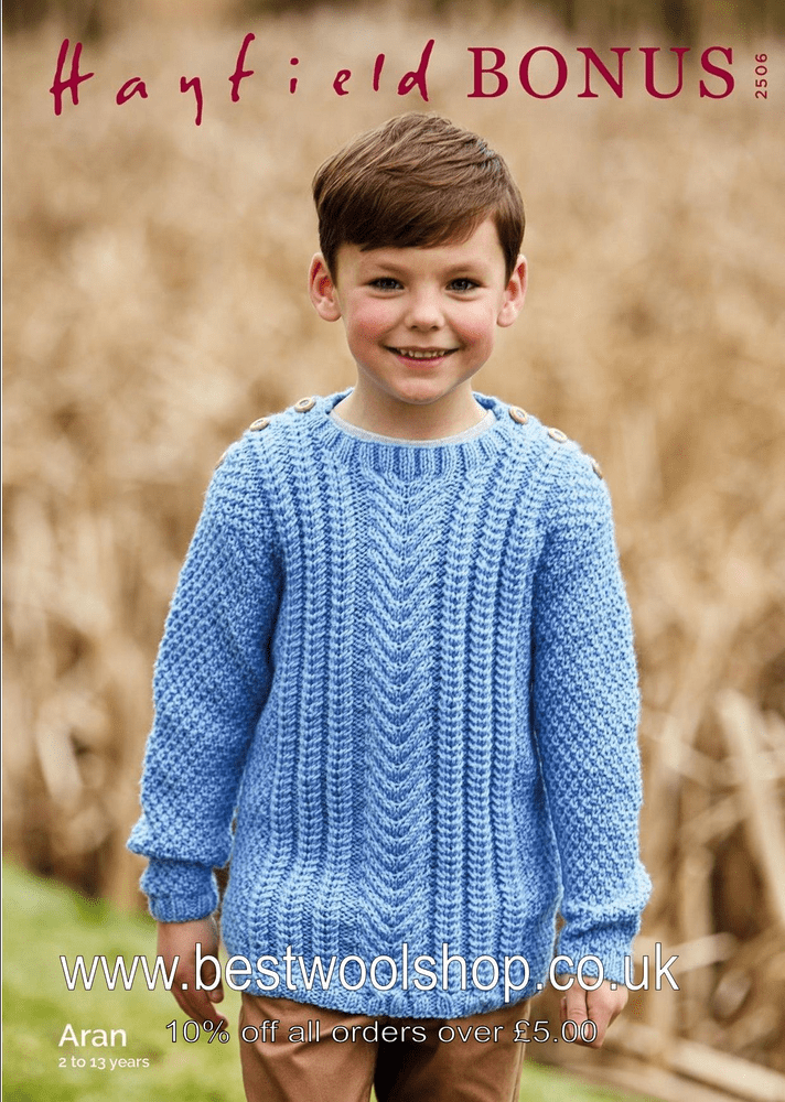 2506 PDF HAYFIELD BONUS ARAN SWEATER KNITTING PATTERN TO FIT 2 TO 13 YEARS