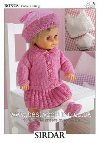 3119 PDF HAYFIELD BONUS DK FULL DOLLS OUTFIT KNITTING PATTERN 12"- 22"