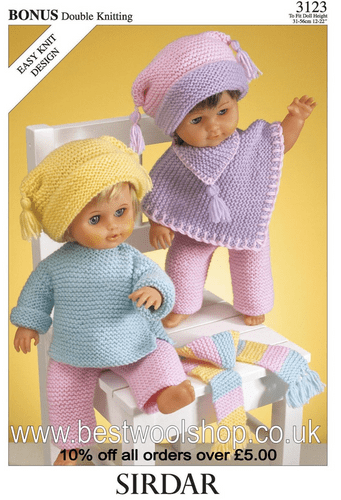 3123 PDF HAYFIELD BONUS DK DOLLS OUTFIT KNITTING PATTERN 12"- 22"