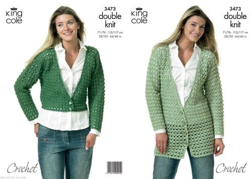 3473 - KING COLE MERINO BLEND DK CARDIGAN & JACKET CROCHET PATTERN -TO FIT 28" TO 46"