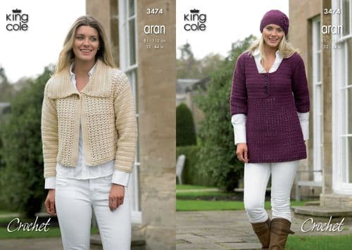 3474 - KING COLE MERINO ARAN TUNIC CARDIGAN & HAT CROCHET PATTERN - TO FIT CHEST 32" TO 44"