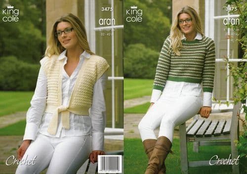 3475 - KING COLE MERINO ARAN TOP & SWEATER CROCHET PATTERN - CHEST 32" TO 42"