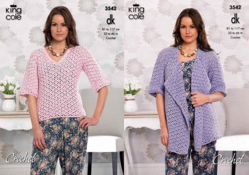 3542 - KING COLE COTTONSOFT DK CARDIGAN & TOP CROCHET PATTERN - TO FIT CHEST 32" TO 46"