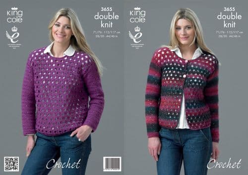 3655 - KING COLE RIOT DK CARDIGAN & SWEATER CROCHET PATTERN - TO FIT CHEST 28" TO 46"