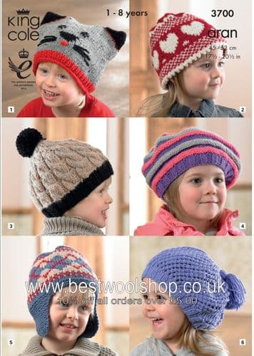 3700  KING COLE  ARAN HATS KNITTING PATTERN  TO FIT AGE 1 TO 8 YEARS
