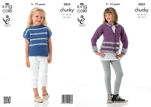 3853 KING COLE TINSEL & BIG VALUE CHUNKY CARDIGAN & TOP KNITTING PATTERN 24"- 32"