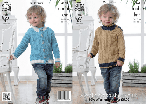 4160 KING COLE COTTONSOFT DK CABLED SWEATER & JACKET KNITTING PATTERN - 2 TO 8 YRS