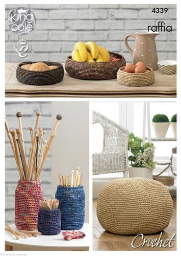 4339 - KING COLE RAFFIA CHUNKY STORAGE BOWL JAR COVER & POUFFE CROCHET PATTERN