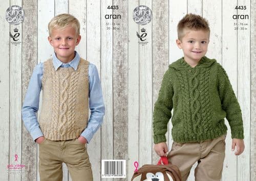 4435 KING COLE BIG VALUE ARAN SWEATER & SLIPOVER KNITTING PATTERN 20"- 30"