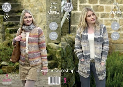 4599 - KING COLE DRIFTER CHUNKY EASY KNIT LONG & SHORT CARDIGAN WITH OPTIONAL POCKETS KNITTING PATTERN - TO FIT CHEST 32