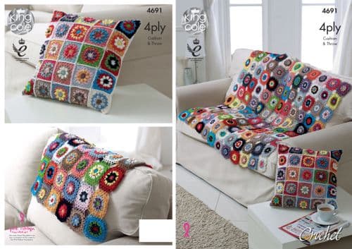 4691 KING COLE GIZA COTTON 4 PLY CUSHION & THROW CROCHET PATTERN