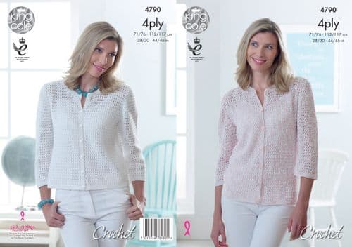 4790 KING COLE 4PLY CARDIGAN WITH 3/4 SLEEVES CROCHET PATTERN 28"- 46"