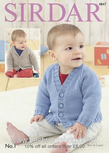 4847 PDF SIRDAR NO.1 CREPE DK V-NECK & ROLL NECK COLLAR CARDIGAN KNITTING PATTERN 0-3 YEARS