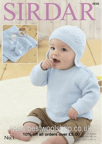 4848 SIRDAR NO.1 CREPE DK SWEATER BLANKET HELMET & BOOTEES KNITTING PATTERN 0 TO 3 YEARS