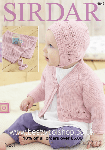 4849 SIRDAR NO.1 CREPE DK CARDIGAN BONNET BLANKET & SHOES KNITTING PATTERN 0 TO 3 YEARS