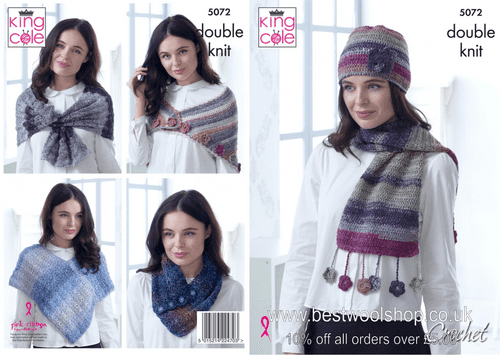 5072 - KING COLE SHINE DK PONCHO NECK WARMER SHAWL WRAP & HAT CROCHET PATTERN