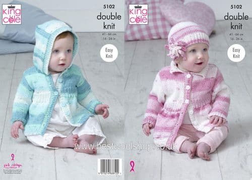 5102 KING COLE COTTONSOFT BABY CRUSH DK CARDIGAN HAT HOODED JACKET KNITTING PATTERN - 0 TO 7 YEARS
