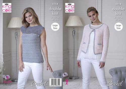 5114 - KING COLE FINESSE COTTON SILK DK JACKET & TOP CROCHET PATTERN - TO FIT 32" TO 50"