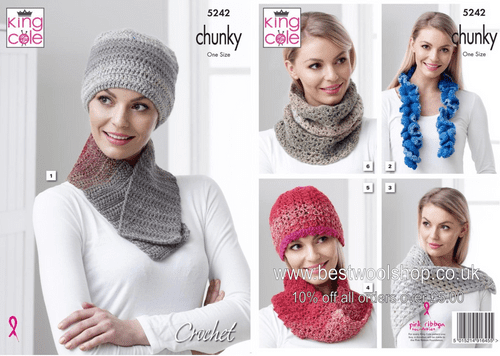 5242 KING COLE  TWIRLY TWEED CHUNKY HAT SCARF SHAWL NECK COWL & ROLL CROCHET PATTERN