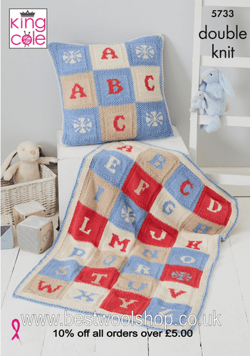 5733 KING COLE  COTTONSOFT DK  ALPHABET BLANKET & CUSHION COVER KNITTING PATTERN