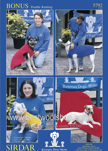 5792 PDF SIRDAR BONUS DK BATTERSEA DOGS HOME DOG BLANKET & COAT KNITTING PATTERN