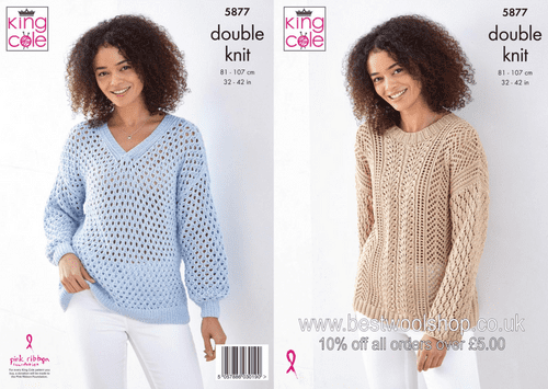 5877 KING COLE  COTTONSOFT DK SWEATER KNITTING PATTERN TO FIT CHEST 32"- 42"