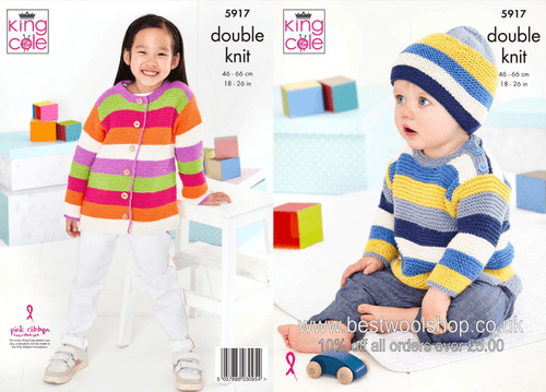 5917 KING COLE  COTTONSOFT DK  SWEATER HAT CARDIGAN KNITTING PATTERN  SIZE 6MTHS - 8 YRS