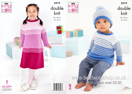 5919 KING COLE  COTTONSOFT DK  SWEATER DRESS SWEATER & HAT KNITTING PATTERN  SIZE 6MTHS - 8 YRS