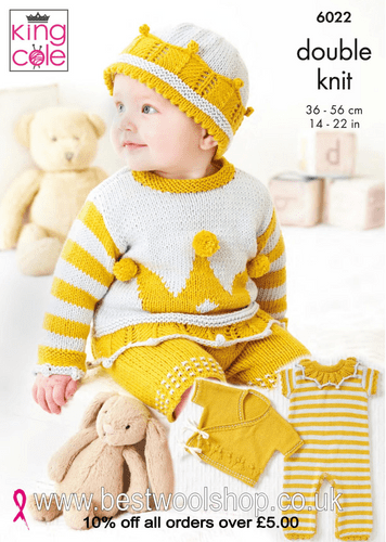 6022 KING COLE  COTTONSOFT DK  CROWN INSPIRED BABY SET KNITTING PATTERN  0 - 2 YEARS