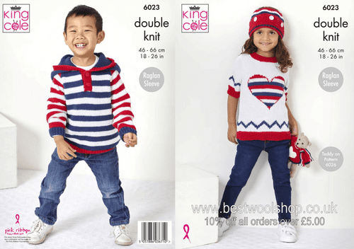 6023 KING COLE COTTONSOFT DK SWEATER HOODIE & CROWN KNITTING PATTERN  CHEST SIZE 18"-26"