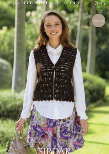 7045 SIRDAR COUNTRY STYLE 4 PLY WAISTCOAT CROCHET PATTERN 32"- 42"