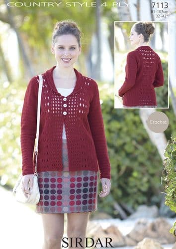 7113 SIRDAR COUNTRY STYLE 4 PLY CARDIGAN CROCHET PATTERN 32"- 42"