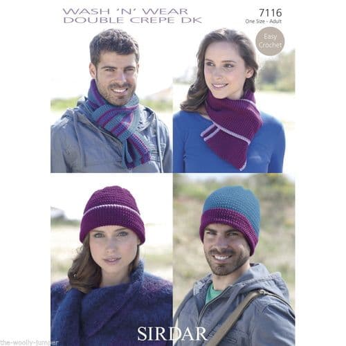 7116 SIRDAR WASH 'N' WEAR DOUBLE CREPE DK HAT & SCARF CROCHET PATTERN