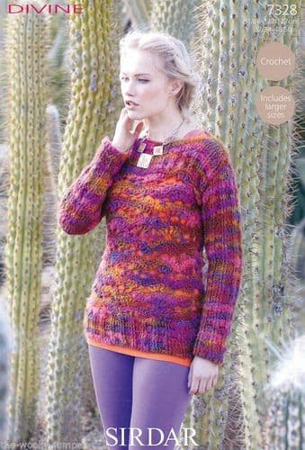 7328 SIRDAR DIVINE SWEATER CROCHET PATTERN - TO FIT CHEST SIZE 37.75" TO 52"