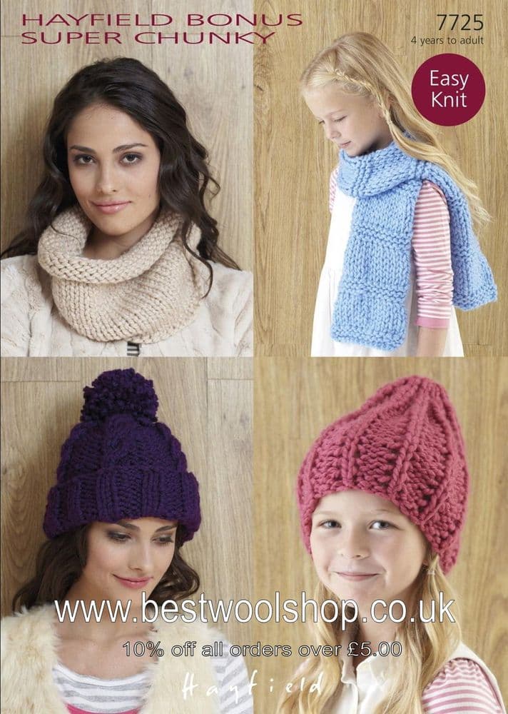 7725 PDF HAYFIELD BONUS SUPER CHUNKY HAT KNITTING PATTERN 4 YEARS TO ADULT