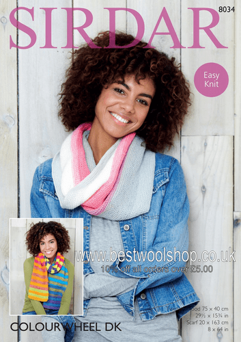 8034 SIRDAR COLOURWHEEL DK EASY KNIT SCARF & SNOOD KNITTING PATTERN