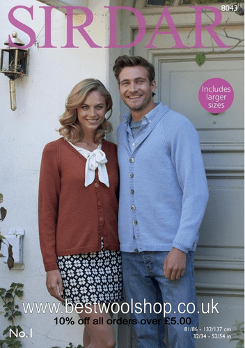 8043 PDF SIRDAR NO.1 CREPE DK V-NECK & ROLL NECK CARDIGAN KNITTING PATTERN 32"-54"