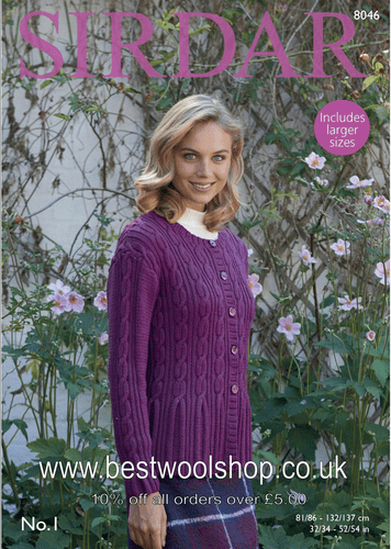 8046 SIRDAR NO.1 CREPE DK ROUND NECK CABLED CARDIGAN KNITTING PATTERN 32"- 54"