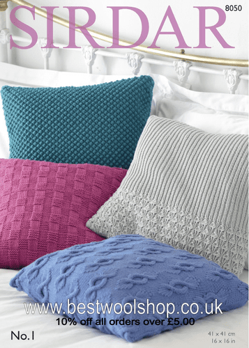 8050 PDF SIRDAR NO.1 CREPE DK LEAF & RIB BLACKBERRY STITCH BASKET WEAVE CABLE CUSHION KNIT. PATTERN