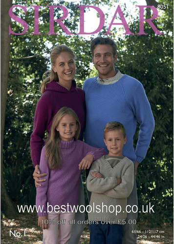 8051 PDF SIRDAR NO.1 CREPE DK HOODED ROUND POLO V-NECK SWEATER KNITTING PATTERN 24"- 46"