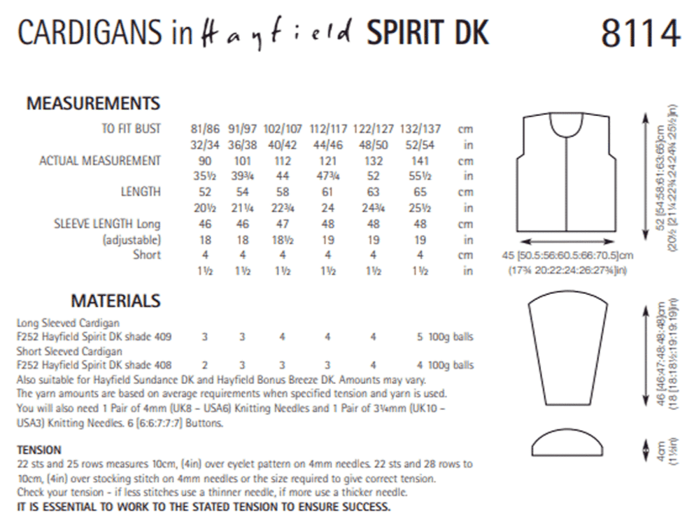 8114 HAYFIELD SPIRIT DK CARDIGAN KNITTING PATTERN CHEST SIZE 32