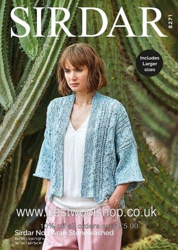 8271 SIRDAR NO.1 STONEWASHED ARAN KIMONO KNITTING PATTERN S- M - L