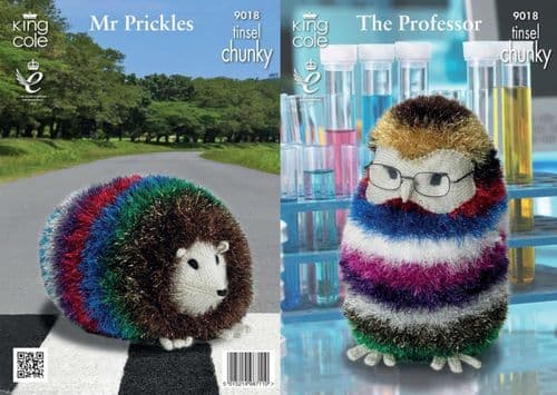 9018 KING COLE TINSEL CHUNKY OWL & GIANT HEDGEHOG KNITTING PATTERN