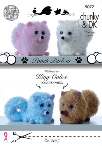 9077 KING COLE TINSEL CHUNKY & DOLLYMIX DK POMERANIAN DOG KNITTING PATTERN