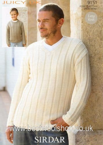 9151 SIRDAR JUICY DK MENS & BOYS ROUND & V-NECK SWEATER KNITTING PATTERN 24"- 46"