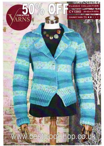 CY1380  RAINBOW MULTI CHUNKY COLLAR & LAPEL CARDIGAN KNITTING PATTERN 28"- 42"