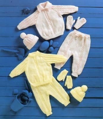 E1097 KNITTERS CHOICE ARAN SWEATER HAT MITTENS KNITTING PATTERN 18"- 28"