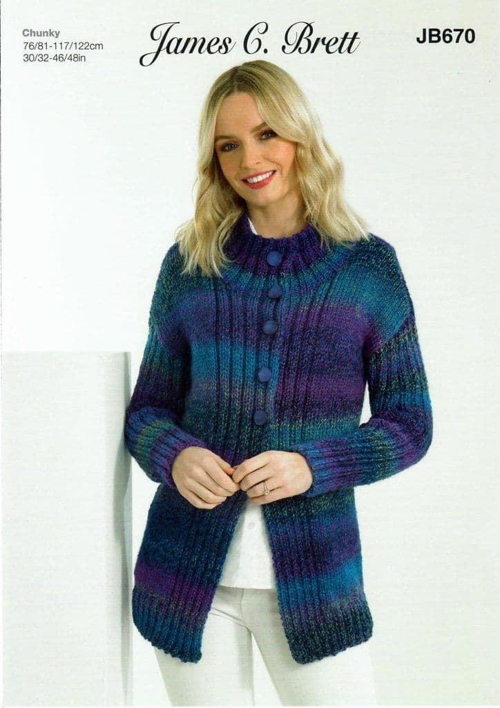 JB670 JAMES C BRETT MARBLE CHUNKY CARDIGAN KNITTING PATTERN 30" 48"