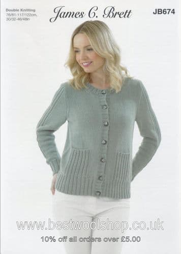 JB674 JAMES C BRETT IT'S PURE COTTON & GLISTEN DK RIBBED POCKET CARDIGAN KNITTING PATTERN 30"- 48"
